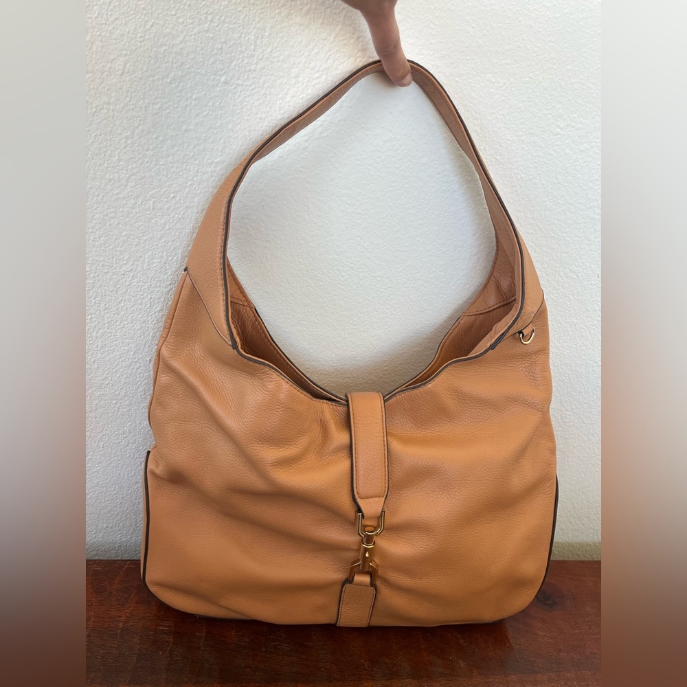 G.I.L.I Women's Leather Piston Lock Hobo Shoulder Bag Boho Chic Camel Tan gold